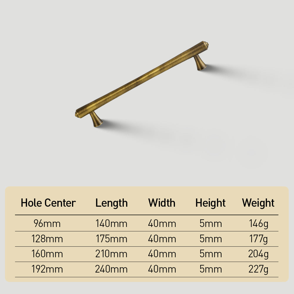 Antique bronze round bar cabinet pull, shown clearly with dimensions and centers labeled