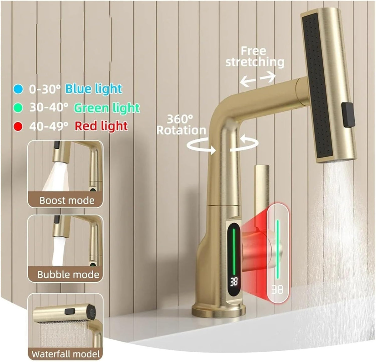 Aqualume Smart Waterfall Bathroom Sink Faucet with LED Display