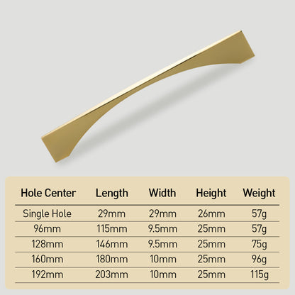 Arched aluminum cabinet pull, shown clearly with dimensions and centers labeled with key hardware details visible