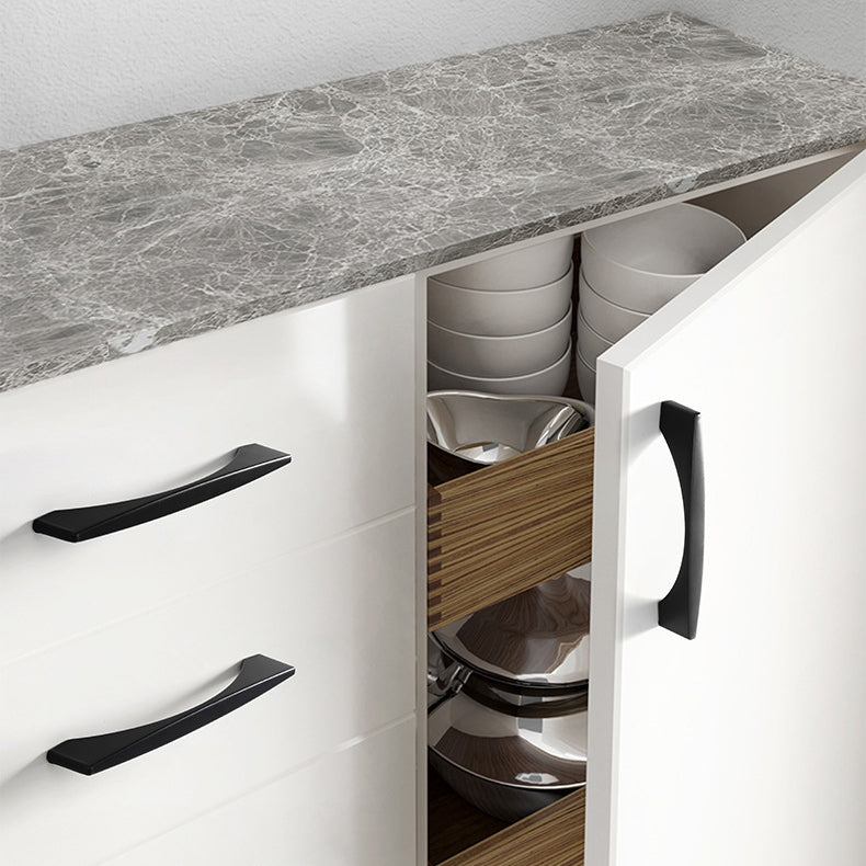 Black arched aluminum cabinet pull, presented for reference mounted on a finished cabinet front