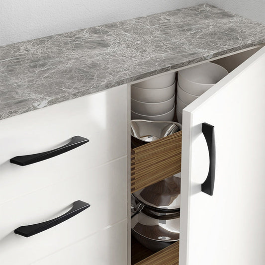 Black arched aluminum cabinet pull, presented for reference mounted on a finished cabinet front