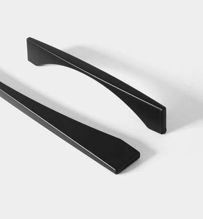 Black arched aluminum cabinet pull, shown from one angle on a clean neutral background