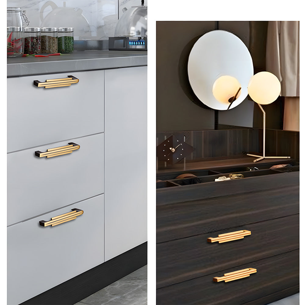Art Deco brass cabinet pull and knob, shown clearly in a multi-view product collage