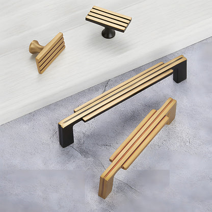 Art Deco brass cabinet pull and knob, shown from one angle as a color and finish lineup