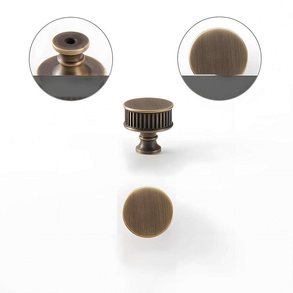 Art Deco fluted brass pulls, knobs, and ring pulls, presented for reference with its construction and finish visible
