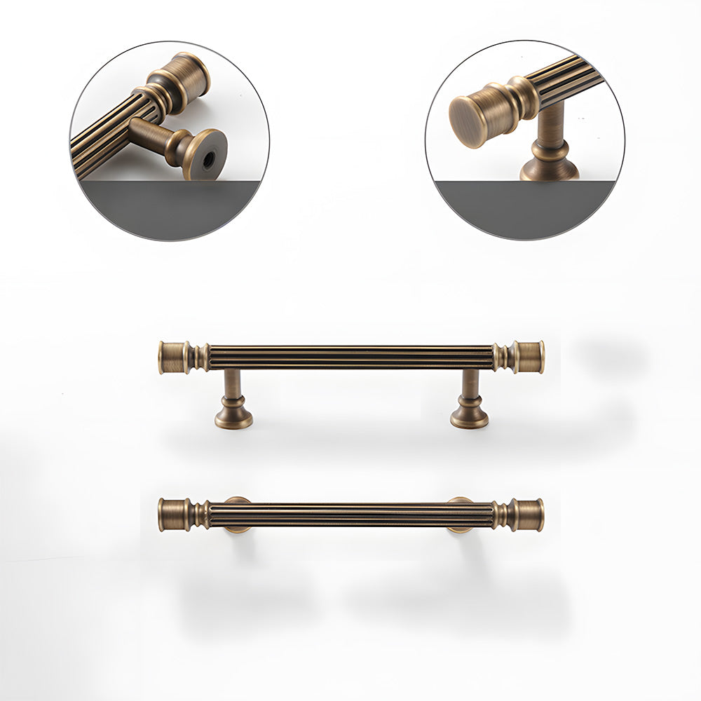 Art Deco fluted brass pulls, knobs, and ring pulls, shown at close range with its construction and finish visible