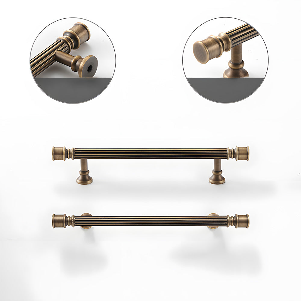 Art Deco fluted brass pulls, knobs, and ring pulls, displayed from the side with its construction and finish visible