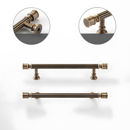 Art Deco fluted brass pulls, knobs, and ring pulls, displayed from the side with its construction and finish visible
