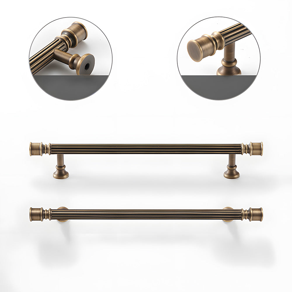 Art Deco fluted brass pulls, knobs, and ring pulls, shown in a focused view with its construction and finish visible
