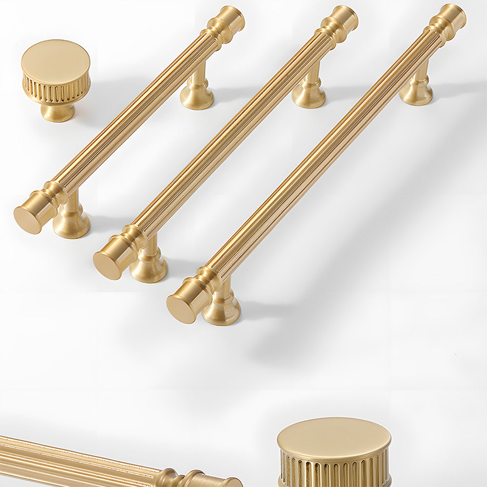 Art Deco fluted brass pulls, knobs, and ring pulls, presented for reference as a color and finish lineup