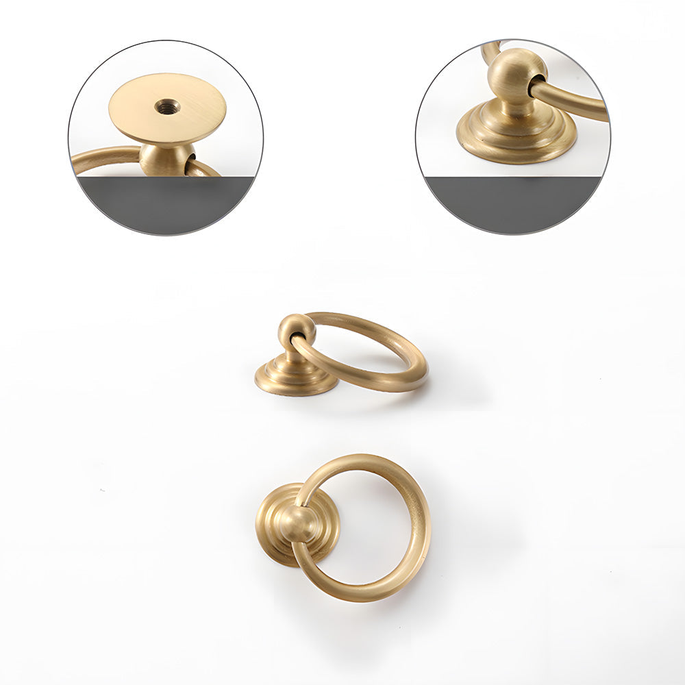 Gold art deco fluted brass pulls, knobs, and ring pulls, shown clearly showing the surface and mounting form
