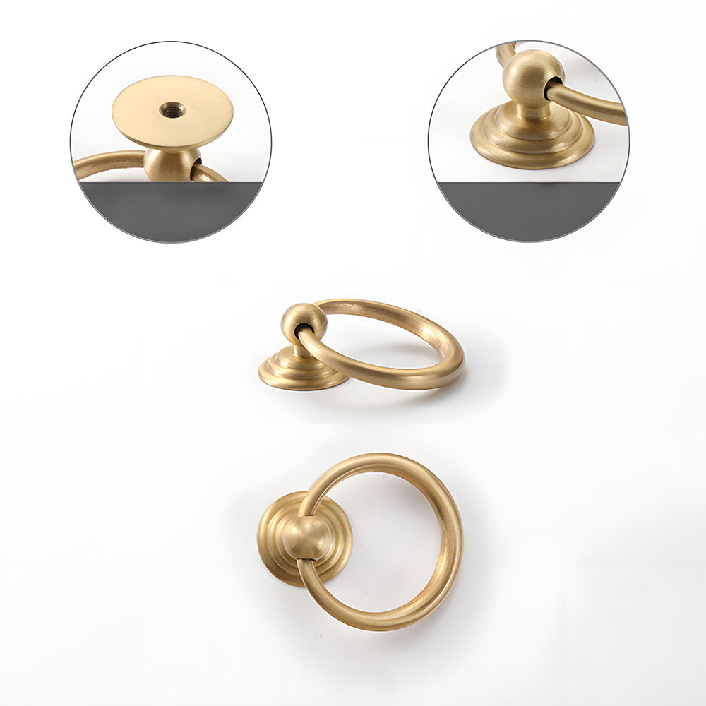 Art Deco fluted brass pulls, knobs, and ring pulls, shown from one angle showing the surface and mounting form