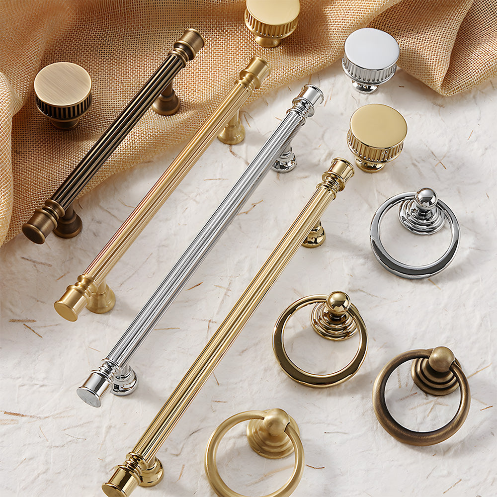 Art Deco fluted brass pulls, knobs, and ring pulls, shown clearly as a color and finish lineup