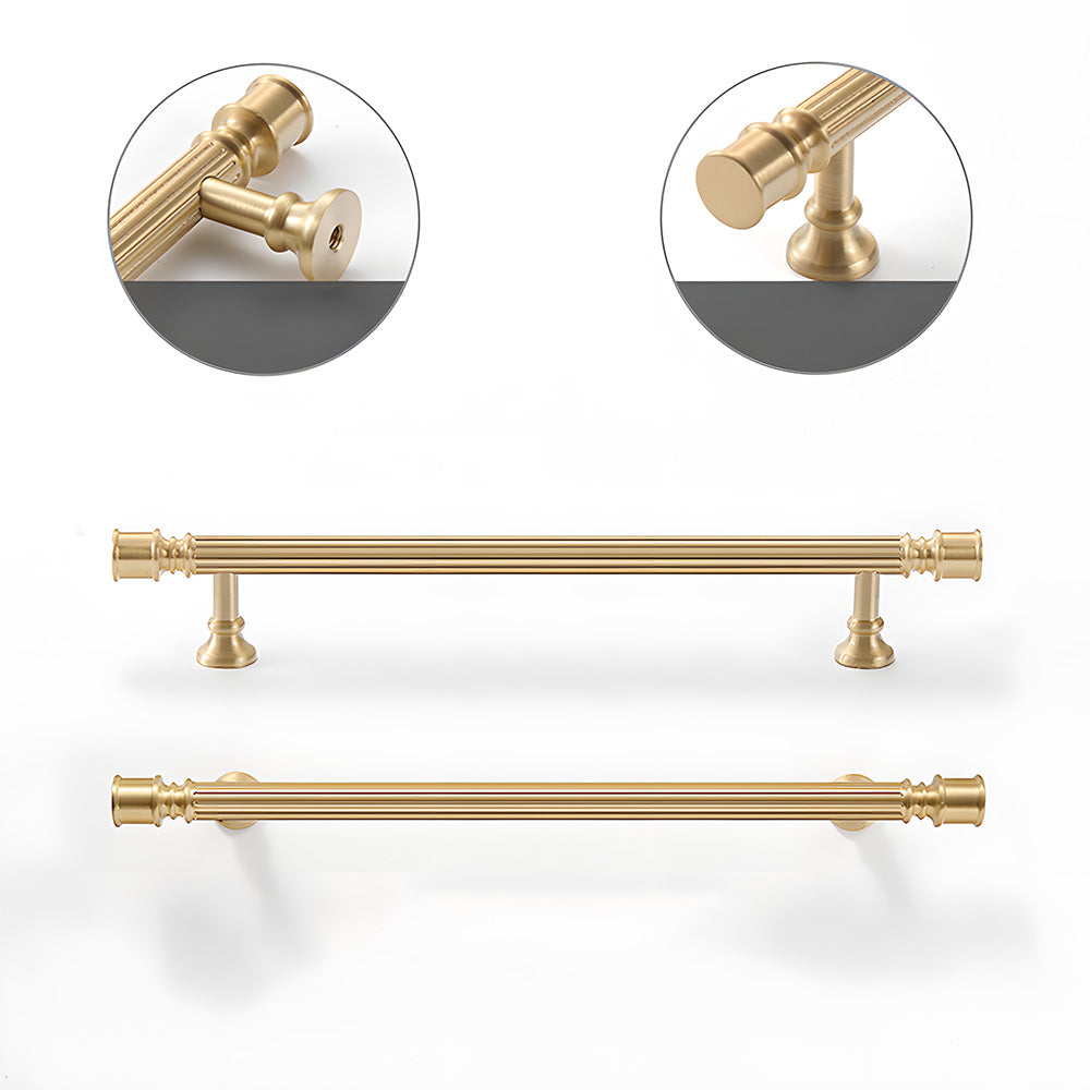 Art Deco fluted brass pulls, knobs, and ring pulls, displayed from the side showing the surface and mounting form