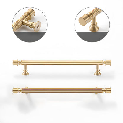 Art Deco fluted brass pulls, knobs, and ring pulls, displayed from the side showing the surface and mounting form