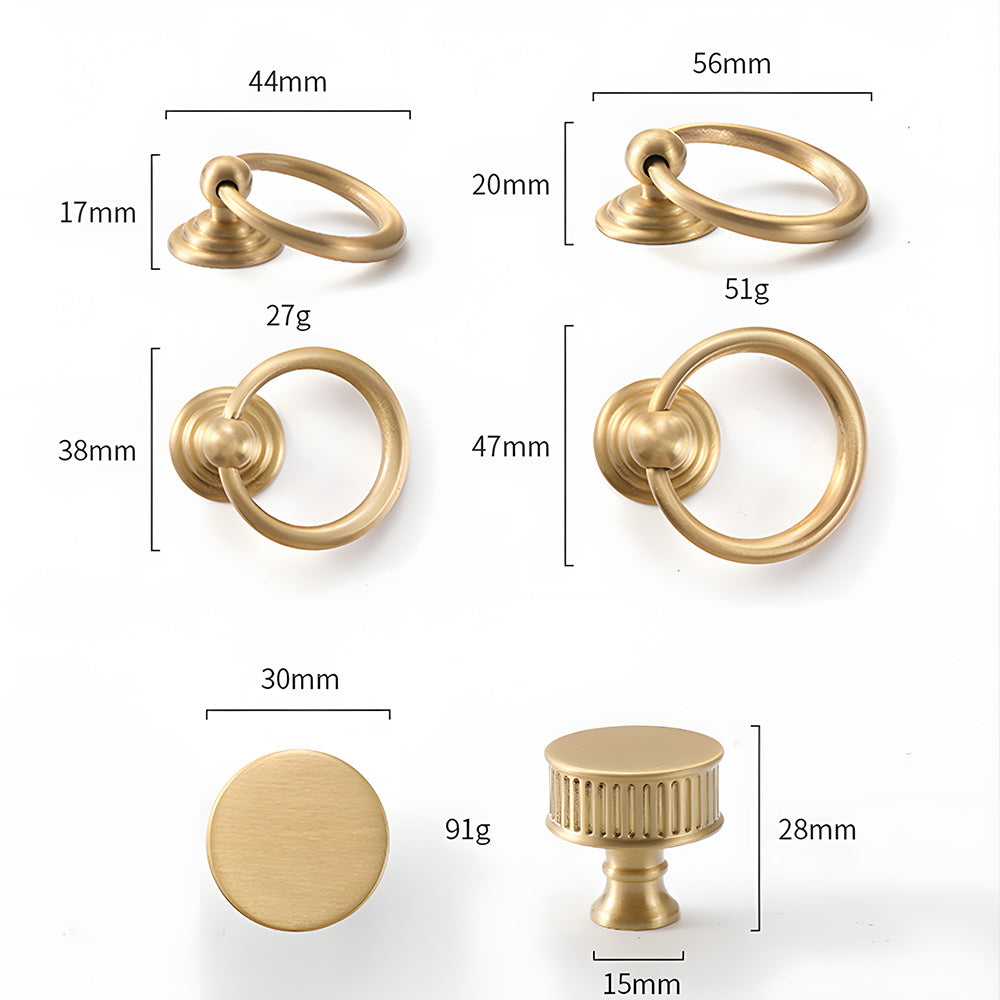Art Deco fluted brass pulls, knobs, and ring pulls, shown clearly with dimensions and centers labeled
