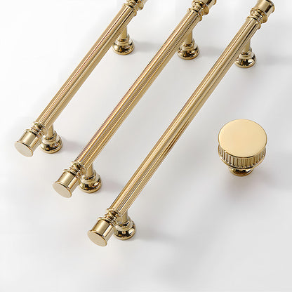 Art Deco fluted brass pulls, knobs, and ring pulls, shown at close range as a color and finish lineup