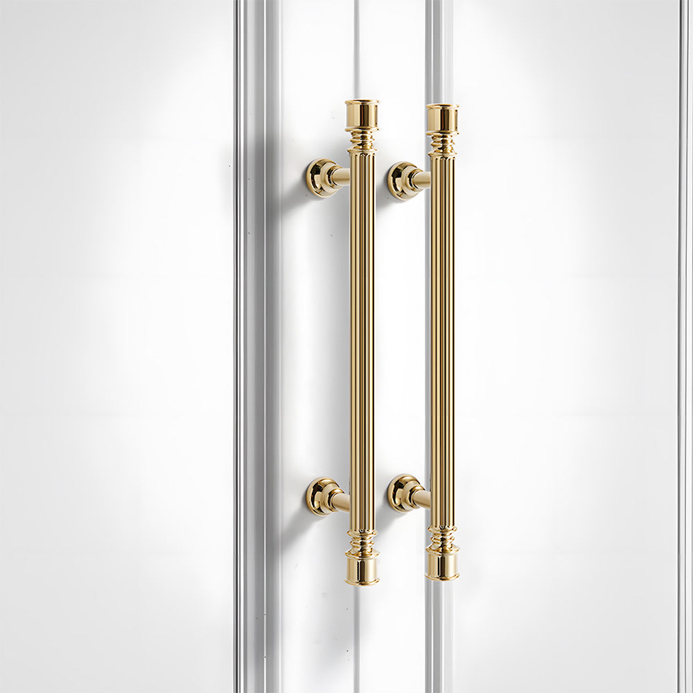 Art Deco fluted brass pulls, knobs, and ring pulls, displayed from the side installed on cabinetry in context