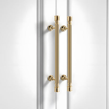 Art Deco fluted brass pulls, knobs, and ring pulls, displayed from the side installed on cabinetry in context