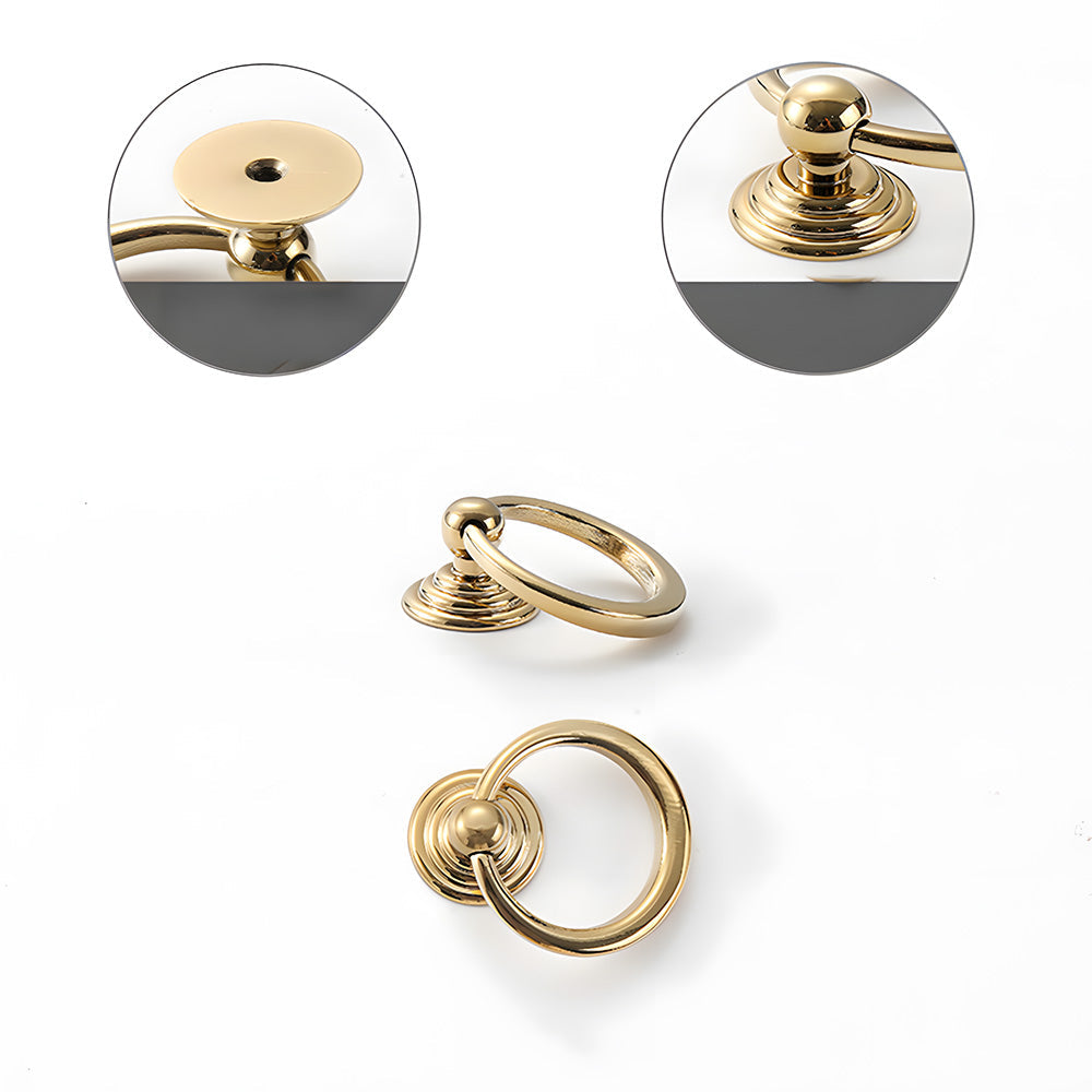 Art Deco fluted brass pulls, knobs, and ring pulls, presented in another view showing the surface and mounting form