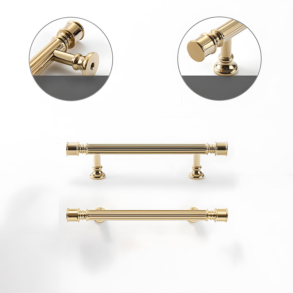 Art Deco fluted brass pulls, knobs, and ring pulls, pictured in one view with the profile and attachment in view