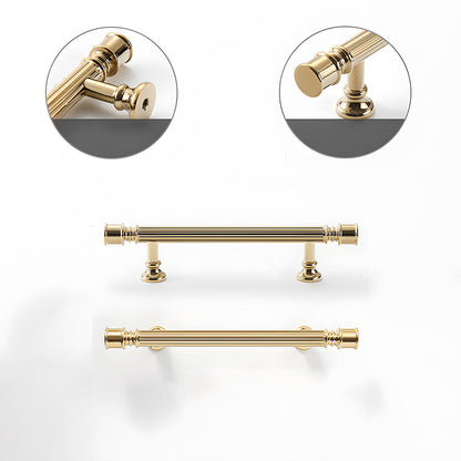 Art Deco fluted brass pulls, knobs, and ring pulls, pictured in one view with the profile and attachment in view