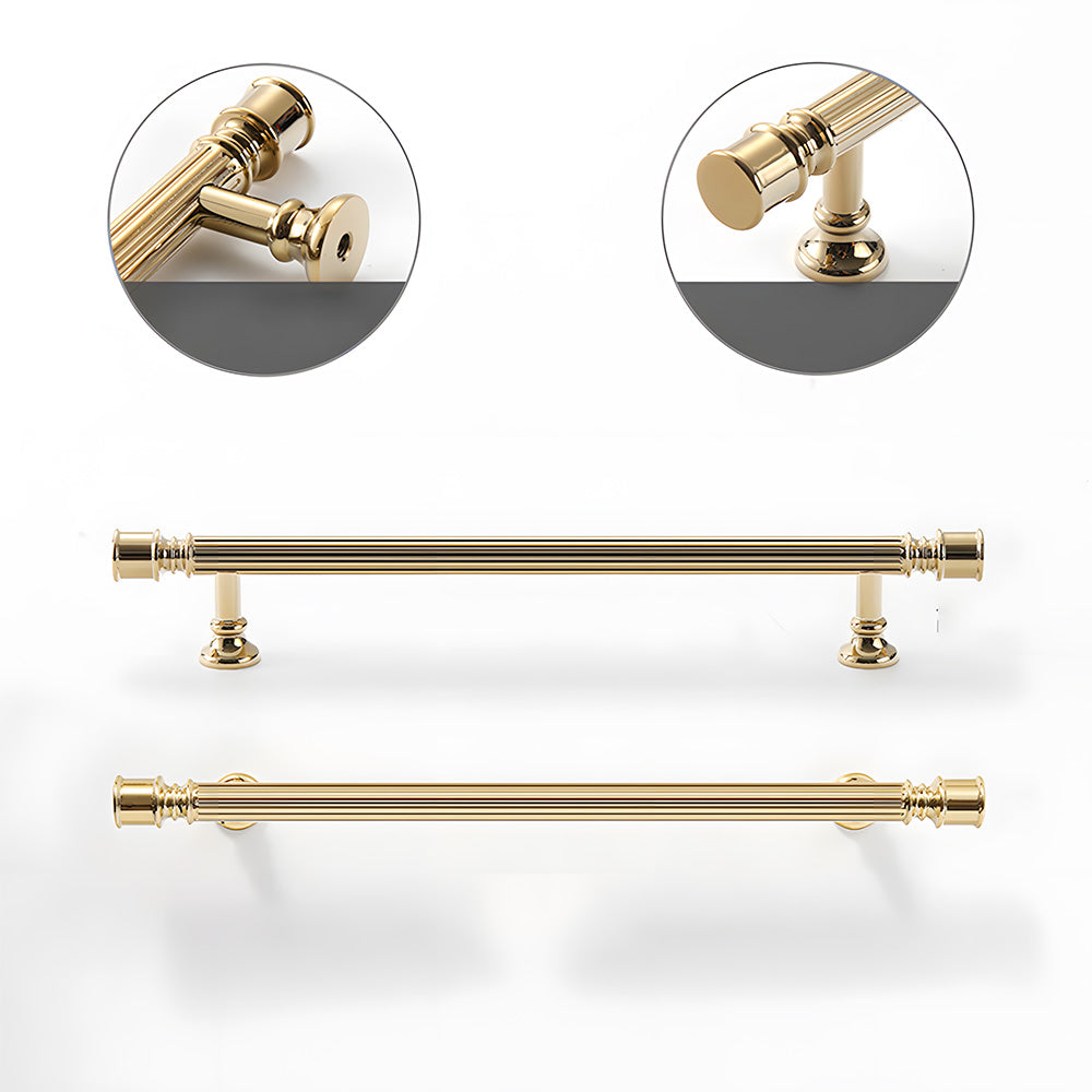 Art Deco fluted brass pulls, knobs, and ring pulls, shown at close range with the profile and attachment in view