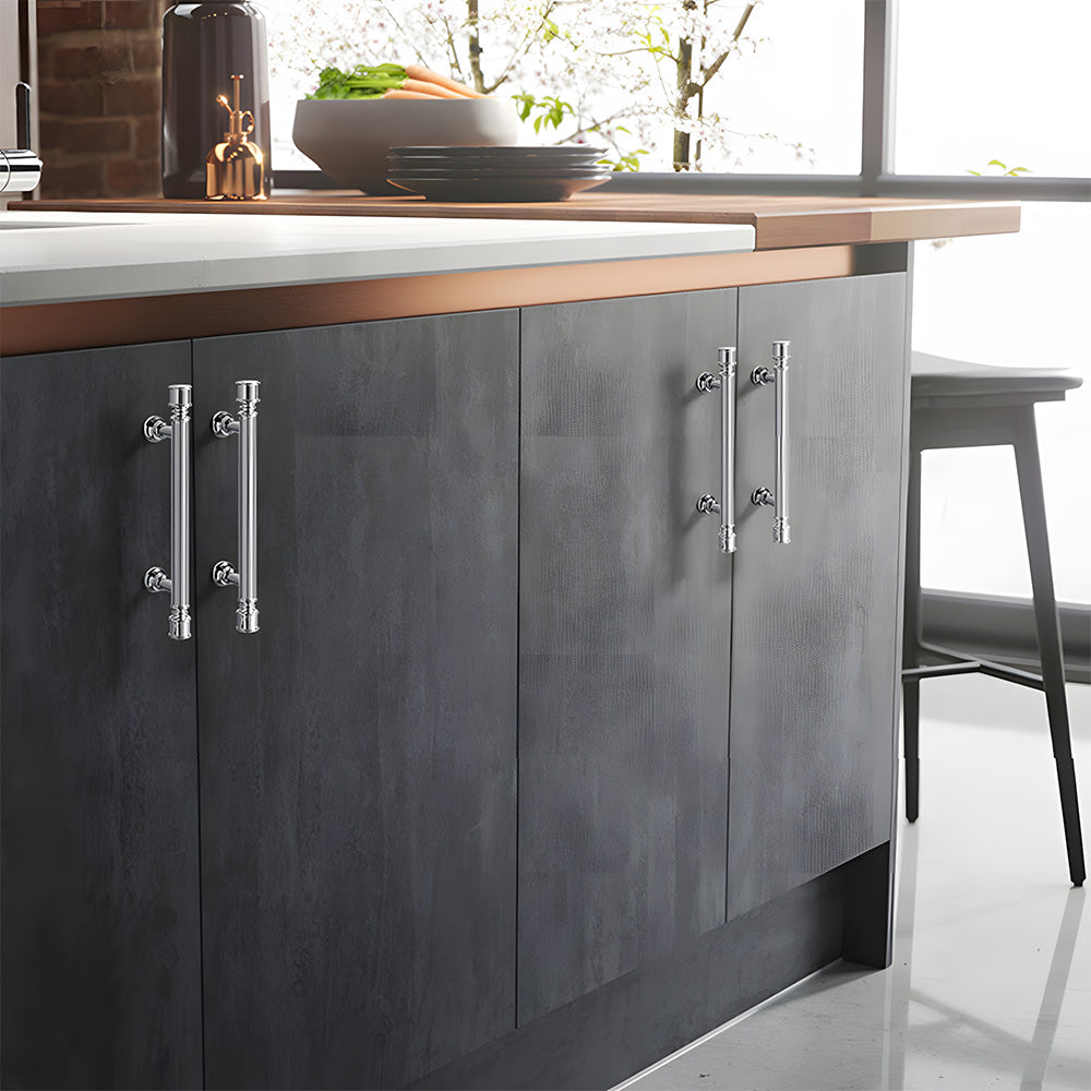 Art Deco fluted brass pulls, knobs, and ring pulls, shown in a focused view installed on cabinetry in context