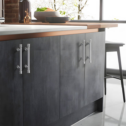 Art Deco fluted brass pulls, knobs, and ring pulls, shown in a focused view installed on cabinetry in context