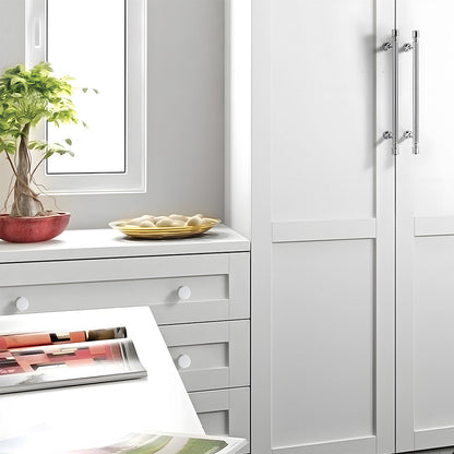 Art Deco fluted brass pulls, knobs, and ring pulls, presented in another view installed on cabinetry in context
