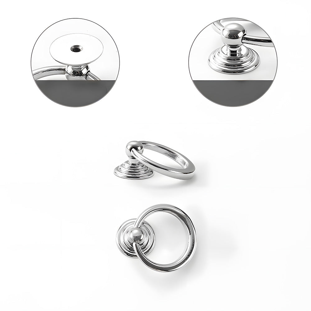 Art Deco fluted brass pulls, knobs, and ring pulls, displayed from the side with the profile and attachment in view