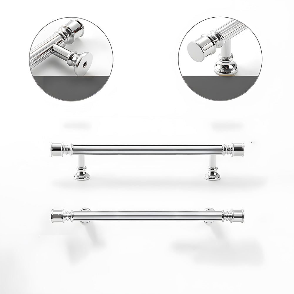 Art Deco fluted brass pulls, knobs, and ring pulls, shown from one angle to highlight the shape and finish
