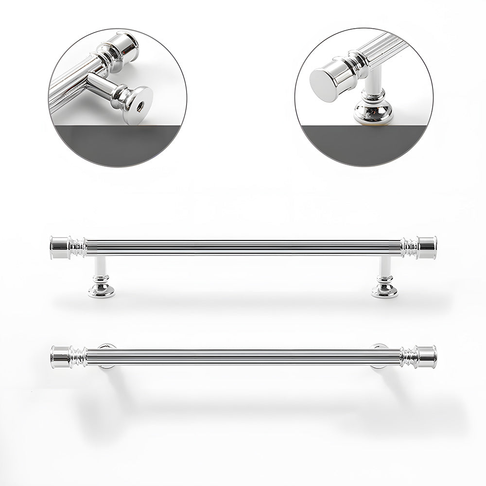 Art Deco fluted brass pulls, knobs, and ring pulls, pictured in one view to highlight the shape and finish