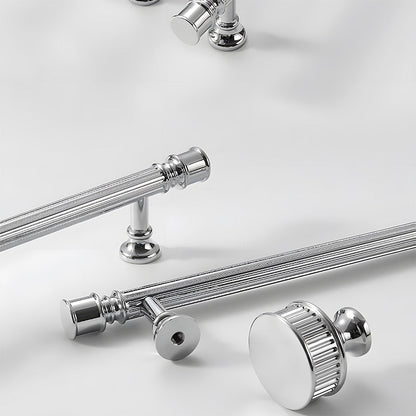 Art Deco fluted brass pulls, knobs, and ring pulls, shown in a focused view as a color and finish lineup