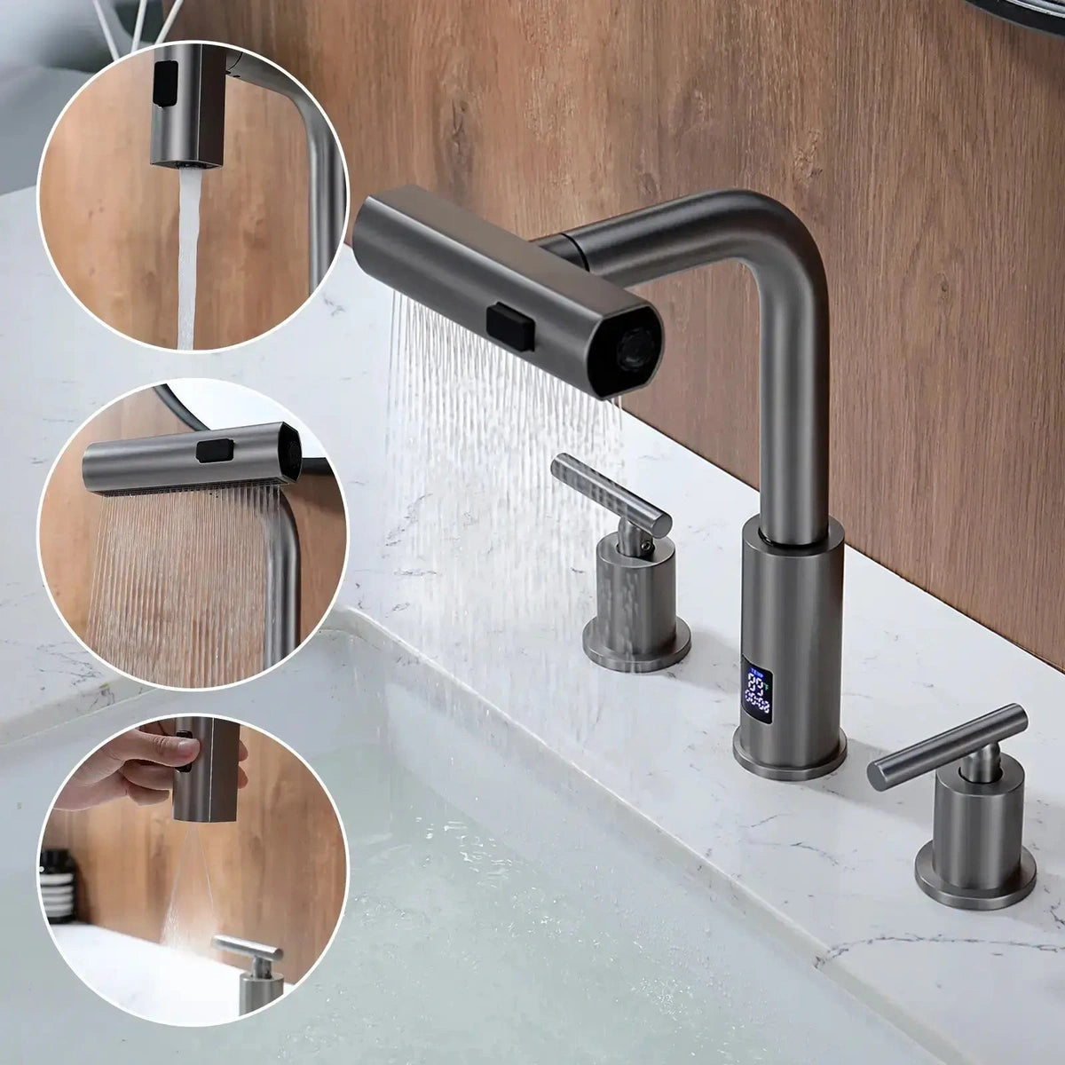 Aurelia Modern Two-Handle Widespread Waterfall Bathroom Faucet With Pull-Out Sprayer
