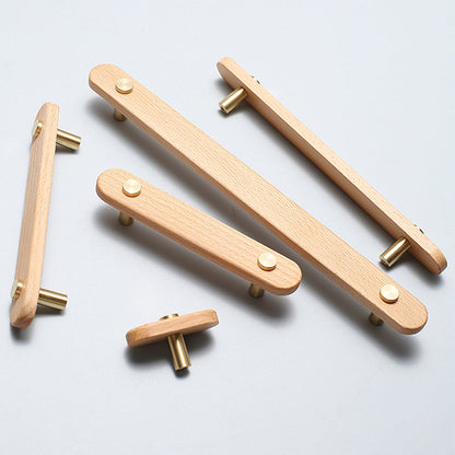 Beech-finish wood drawer pull with round copper accents, shown in a styled group with multiple available versions