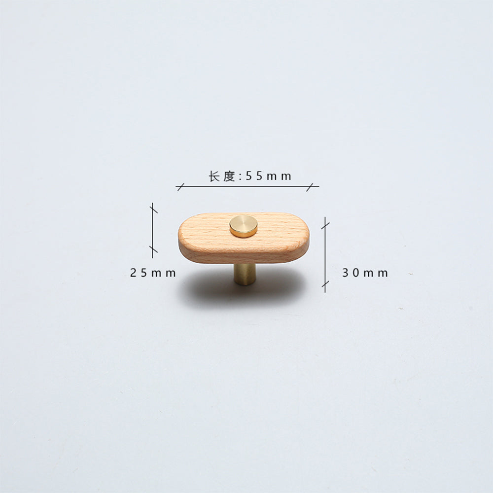 Beech-finish wood drawer pull with round copper accents, dimension diagram showing its overall size and hole spacing
