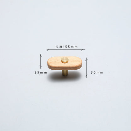 Beech-finish wood drawer pull with round copper accents, dimension diagram showing its overall size and hole spacing