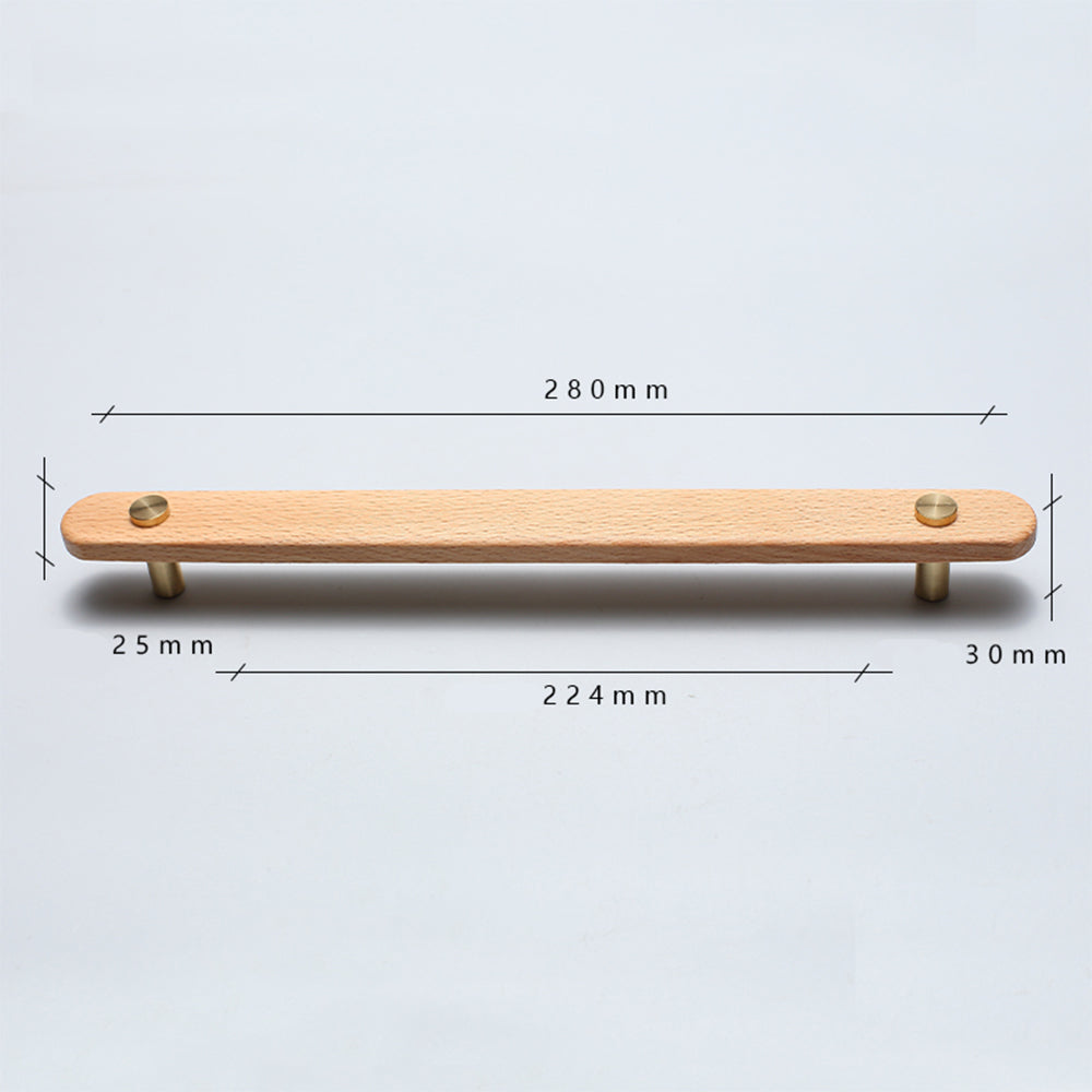 Beech-finish wood drawer pull with round copper accents, measurement diagram showing length, width, and projection