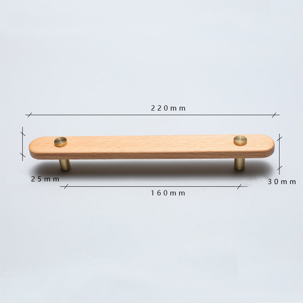 Beech-finish wood drawer pull with round copper accents, dimension reference with the center-to-center spacing marked
