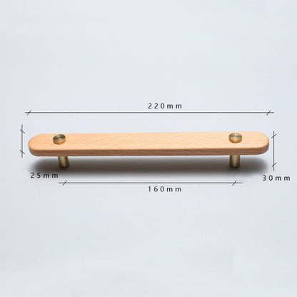 Beech-finish wood drawer pull with round copper accents, dimension reference with the center-to-center spacing marked