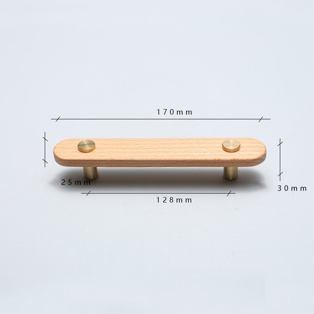 Beech-finish wood drawer pull with round copper accents, measurement view showing overall length and mounting centers