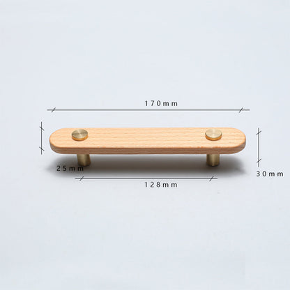 Beech-finish wood drawer pull with round copper accents, measurement view showing overall length and mounting centers