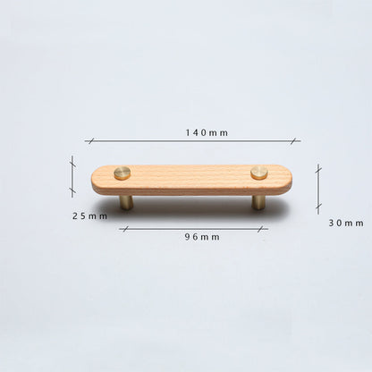 Beech-finish wood drawer pull with round copper accents, dimension diagram with width, height, and hole spacing marked