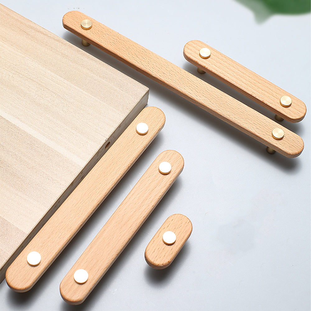 Wood drawer pull with copper accents in beech with 224 mm centers, arranged with other sizes and finishes for comparison