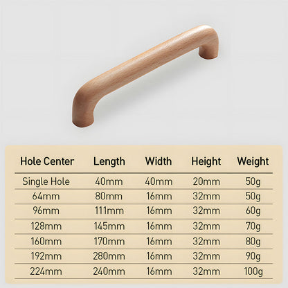 Beech wood cabinet pull with rounded ends, dimension diagram showing its overall size and hole spacing