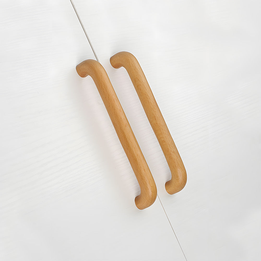 Beech wood cabinet pull in natural wood with 192 mm centers, shown in a styled group with multiple available versions