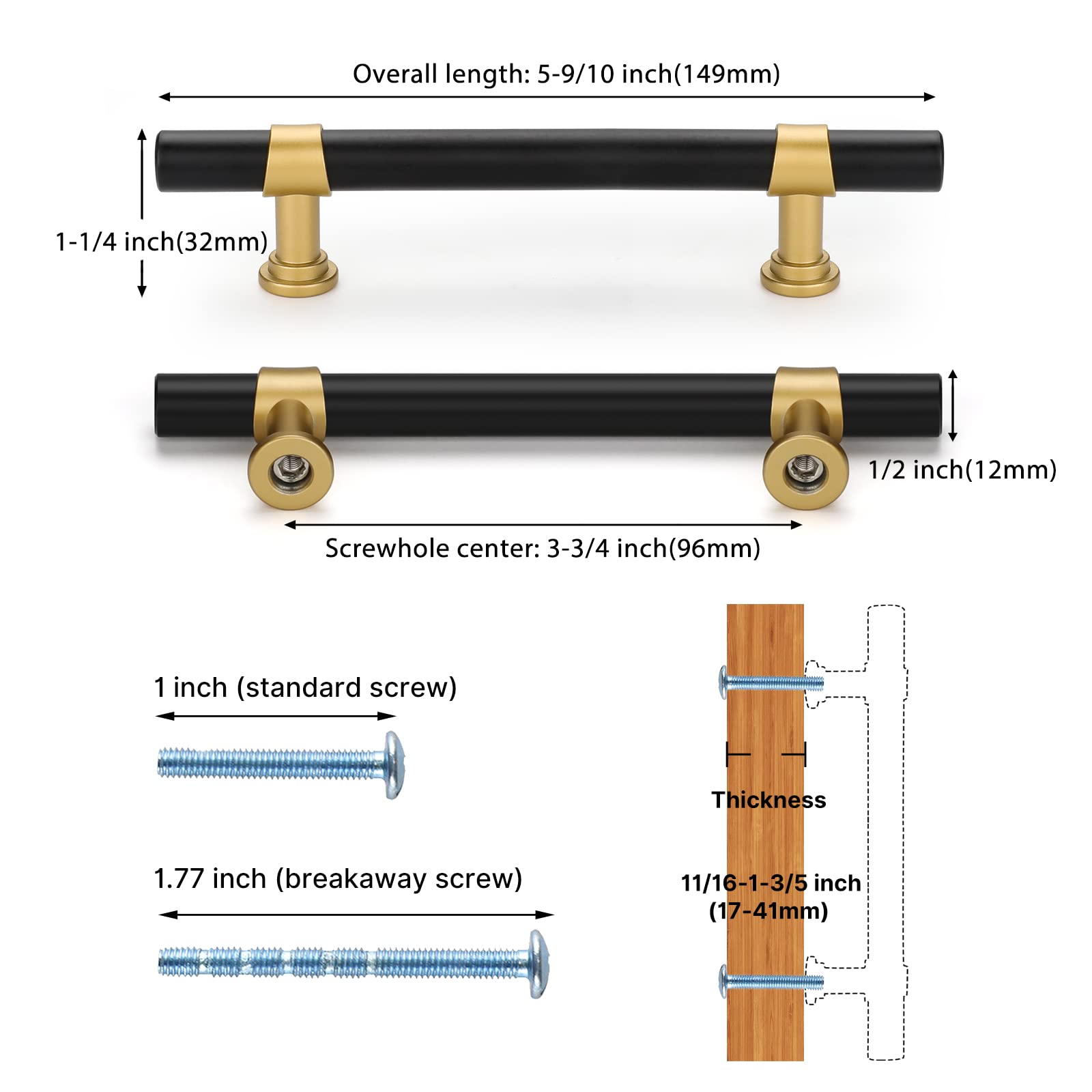 Comforsyco Black Gold T-Bar Cabinet Handles Kitchen Cabinet Hardware