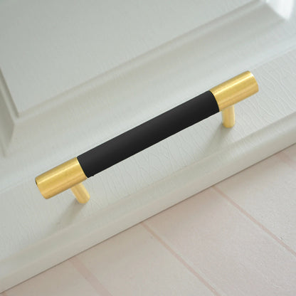 Comforsyco Black Leather Cabinet Pulls and Knobs with Brass-Toned Ends