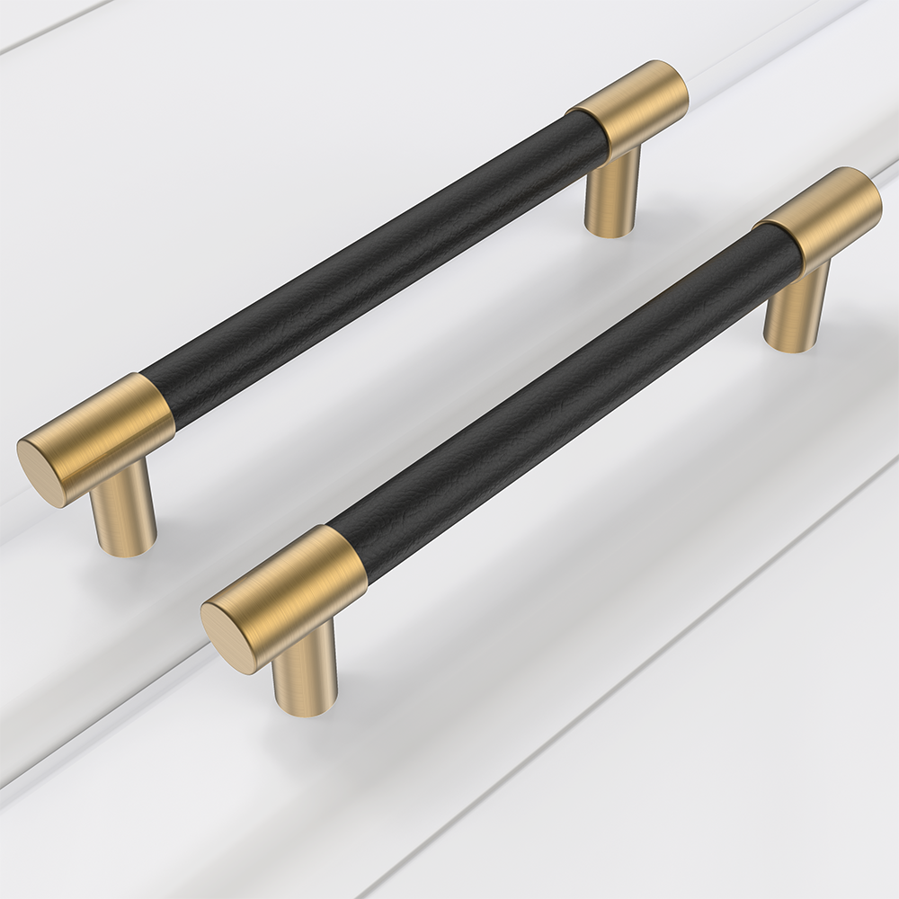 Comforsyco Black Leather Cabinet Pulls and Knobs with Brass-Toned Ends